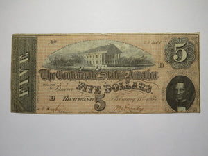 $5 1864 Richmond Virginia VA Confederate Currency Bank Note Bill RARE T69 FINE