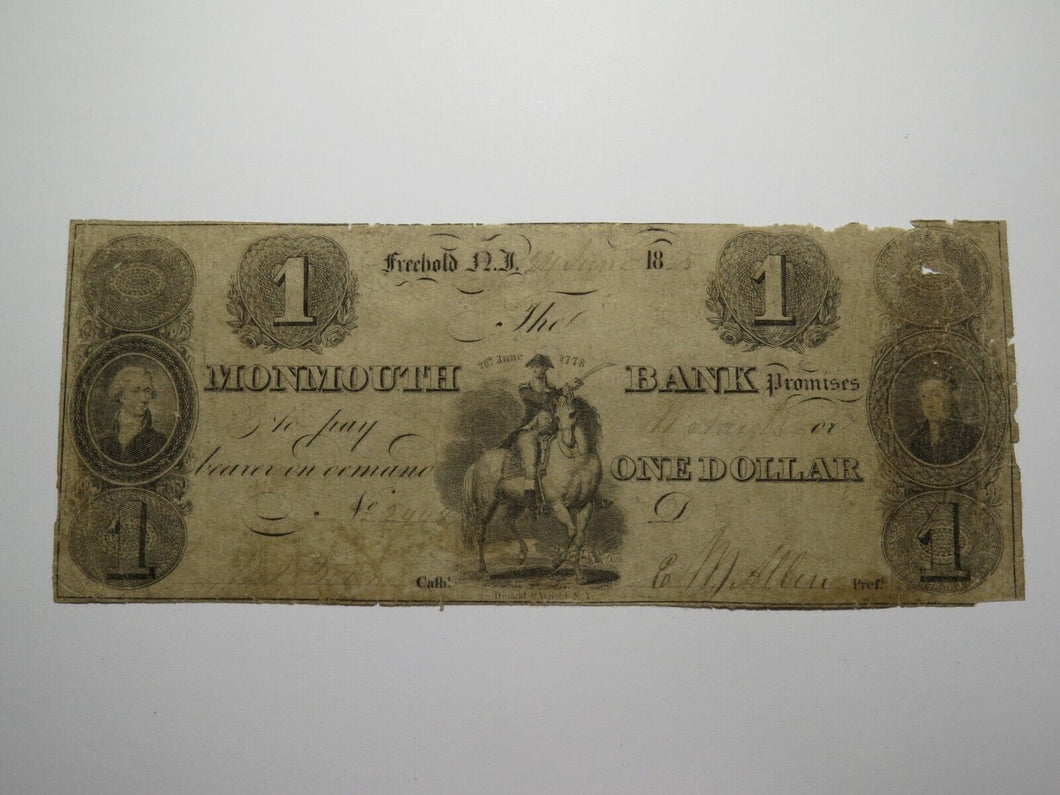 $1 1825 Freehold New Jersey Obsolete Currency Bank Note Bill Monmouth Bank RARE!