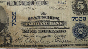 $5 1902 Bayside New York NY National Currency Bank Note Bill! Ch. #7939 RARE!