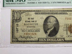 $10 1929 Baudette Minnesota MN National Currency Bank Note Bill Ch. #10710 VF20