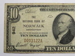 $10 1929 Norwalk Connecticut CT National Currency Bank Note Bill Ch. #942 Fine++