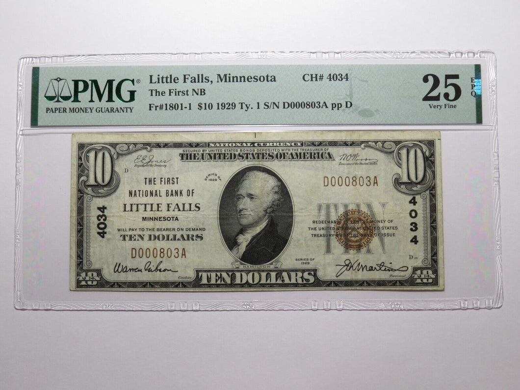 $10 1929 Little Falls Minnesota National Currency Bank Note Bill #4034 VF25EPQ