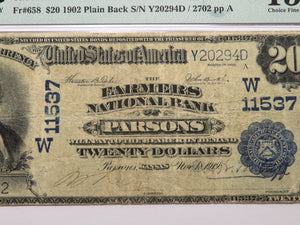 $20 1902 Parsons Kansas KS National Currency Bank Note Bill Ch. #11537 F15 PMG