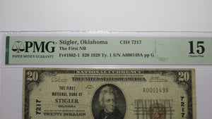 $20 1929 Stigler Oklahoma OK National Currency Bank Note Bill Ch #7217 F15 PMG