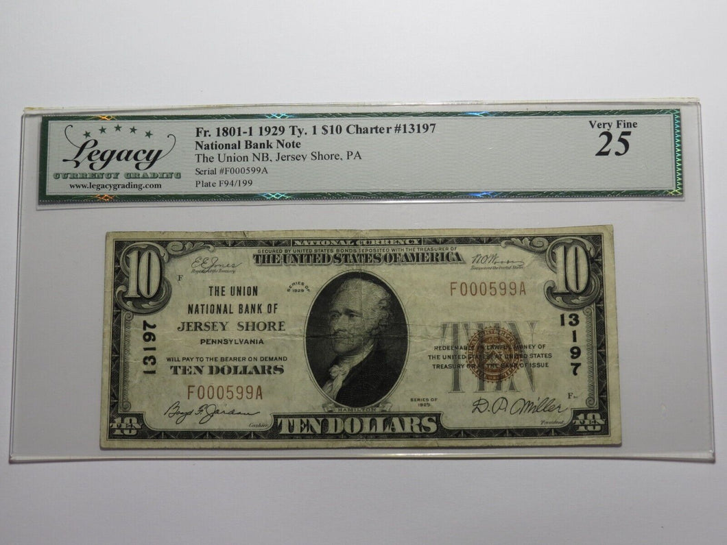 $10 1929 Jersey Shore Pennsylvania National Currency Bank Note Bill #13197 VF25