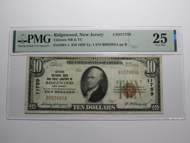 $10 1929 Ridgewood New Jersey NJ National Currency Bank Note Bill Ch #11759 VF25