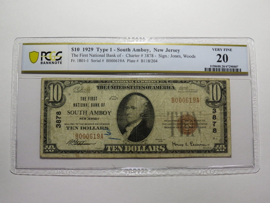 $10 1929 South Amboy New Jersey National Currency Bank Note Bill #3878 VF20 PCGS