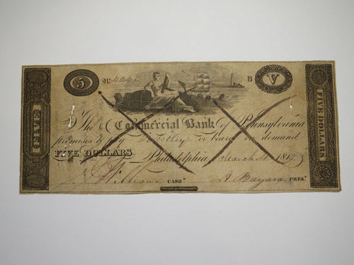 $5 1819 Philadelphia Pennsylvania PA Obsolete Currency Note Bill Commercial Bank