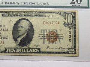 $10 1929 Fergus Falls Minnesota National Currency Bank Note Bill #2030 VF20 PMG