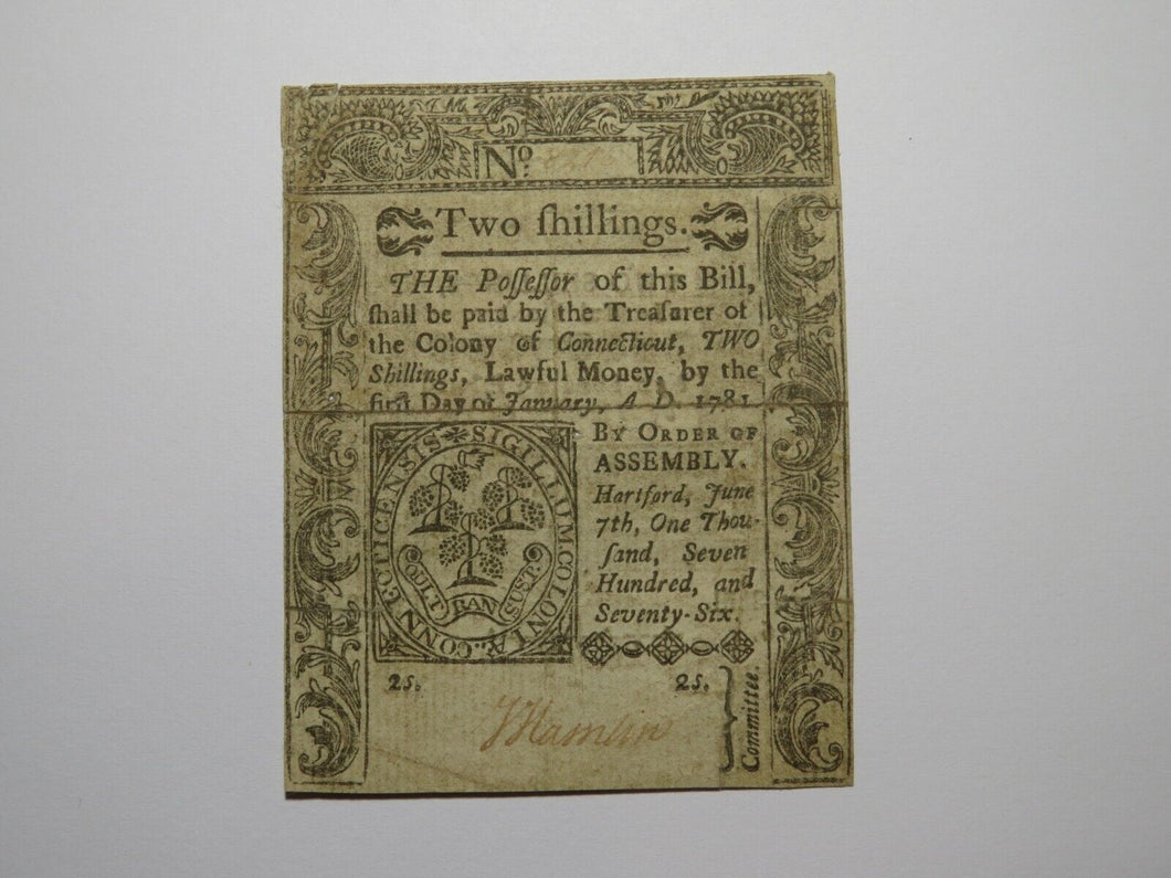 1776 Two Shillings Hartford Connecticut CT Colonial Currency Note Bill 2s RARE