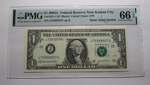 $1 2003 Radar Serial Number Federal Reserve Currency Bank Note Bill PMG UNC66EPQ