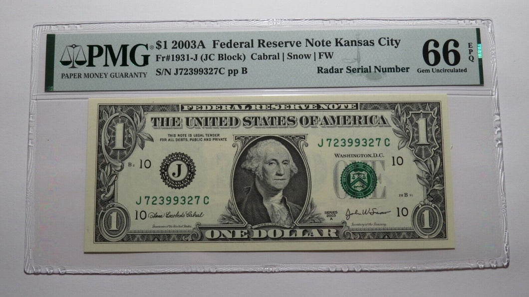 $1 2003 Radar Serial Number Federal Reserve Currency Bank Note Bill PMG UNC66EPQ