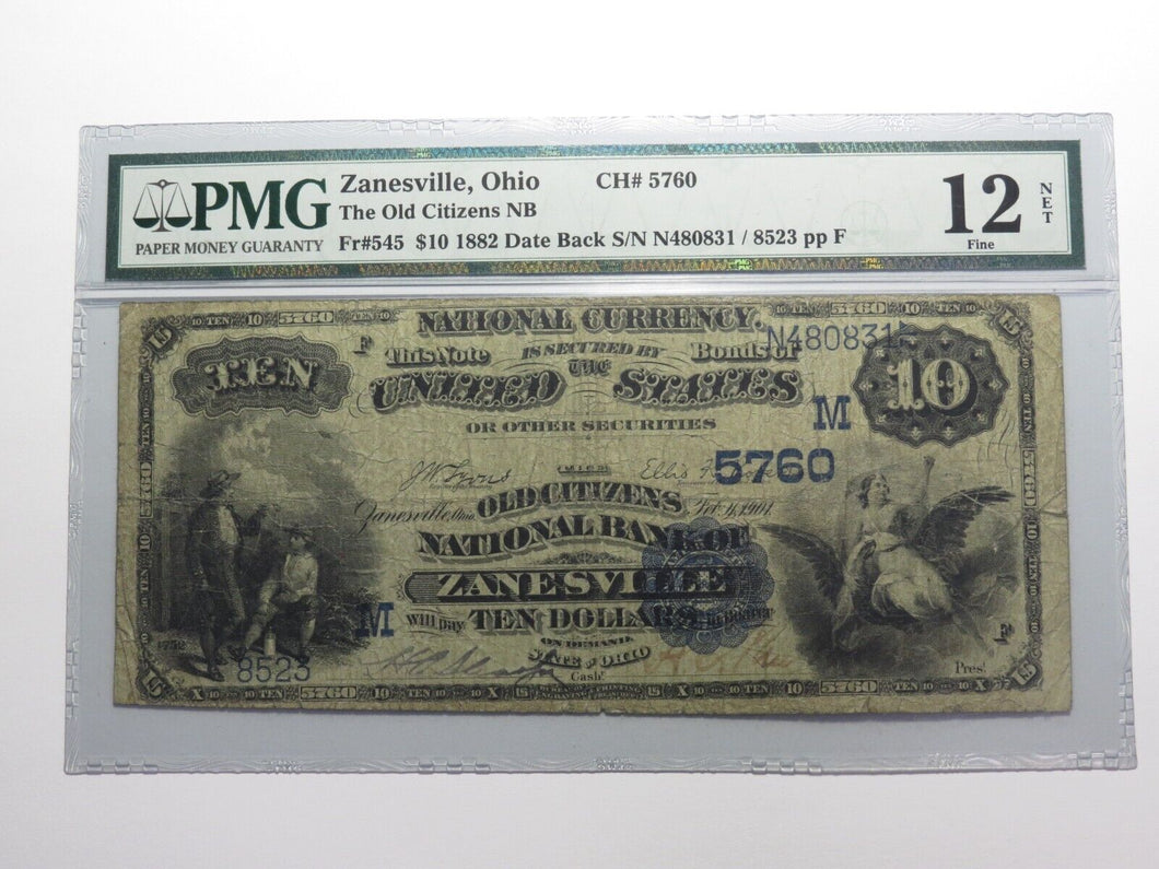 $10 1882 Zanesville Ohio OH National Currency Bank Note Bill Ch. #5760 F12 PMG