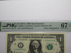 $1 2017 Radar Serial Number Federal Reserve Currency Bank Note Bill PMG UNC67EPQ