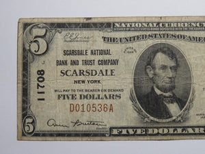 $5 1929 Scarsdale New York NY National Currency Bank Note Bill Ch. #11708 FINE