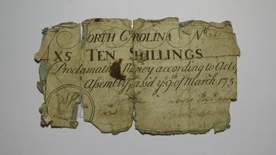 1754 Ten Shillings North Carolina NC Colonial Currency Note Bill RARE 10s