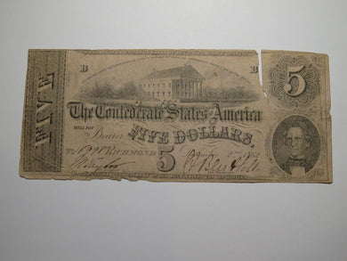 $5 1862 Richmond Virginia VA Confederate Currency Bank Note Bill RARE T53