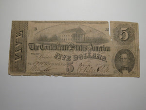 $5 1862 Richmond Virginia VA Confederate Currency Bank Note Bill RARE T53