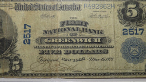 $5 1902 Greenwich New York NY National Currency Bank Note Bill Ch #2517 F12 PCGS