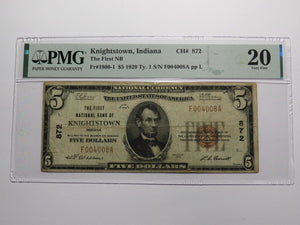 $5 1929 Knightstown Indiana IN National Currency Bank Note Bill Ch #872 VF20 PMG