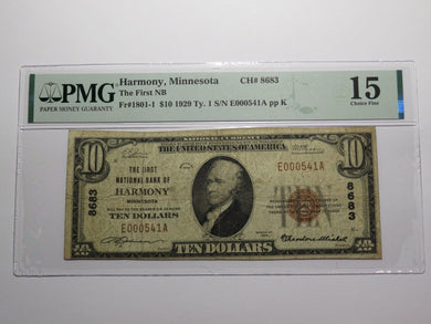 $10 1929 Harmony Minnesota MN National Currency Bank Note Bill Ch. #8683 F15 PMG