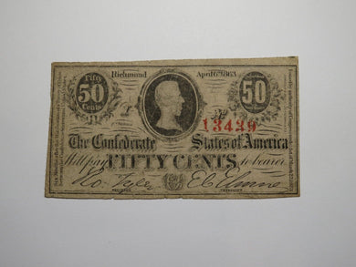 $.50 1863 Richmond Virginia VA Confederate Currency Bank Note Bill T63 FINE