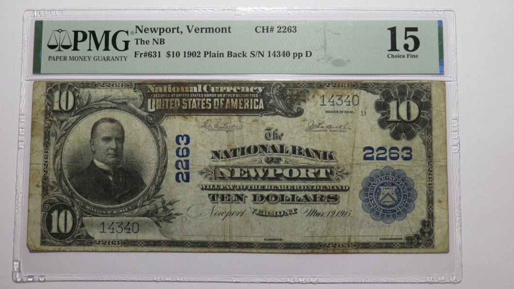 $10 1902 Newport Vermont VT National Currency Bank Note Bill Ch. #2263 F15 PMG