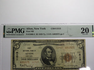 $5 1929 Afton New York NY National Currency Bank Note Bill Ch. #11513 VF20 PMG