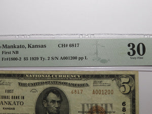 $5 1929 Mankato Kansas KS National Currency Bank Note Bill Ch. #6817 VF30 PMG