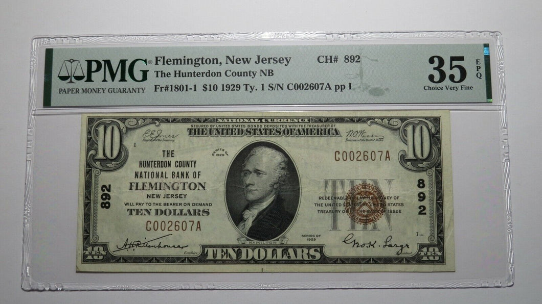 $10 1929 Flemington New Jersey NJ National Currency Bank Note Bill Ch. #892 VF35