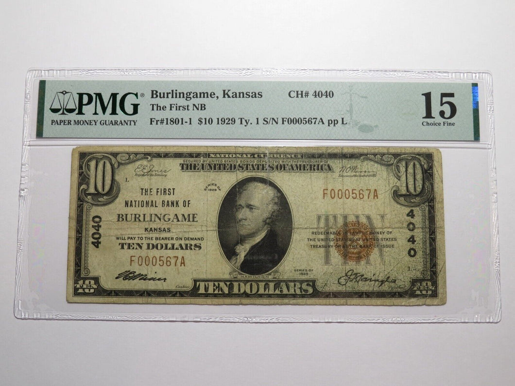 $10 1929 Burlingame Kansas KS National Currency Bank Note Bill Ch. #4040 F15 PMG