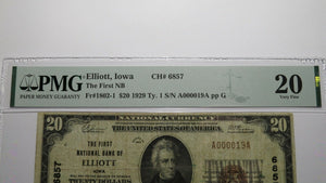 $20 1929 Elliott Iowa IA National Currency Bank Note Bill Charter #6857 VF20 PMG