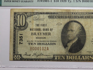 $10 1929 Braymer Missouri MO National Currency Bank Note Bill Charter #7351 VF20