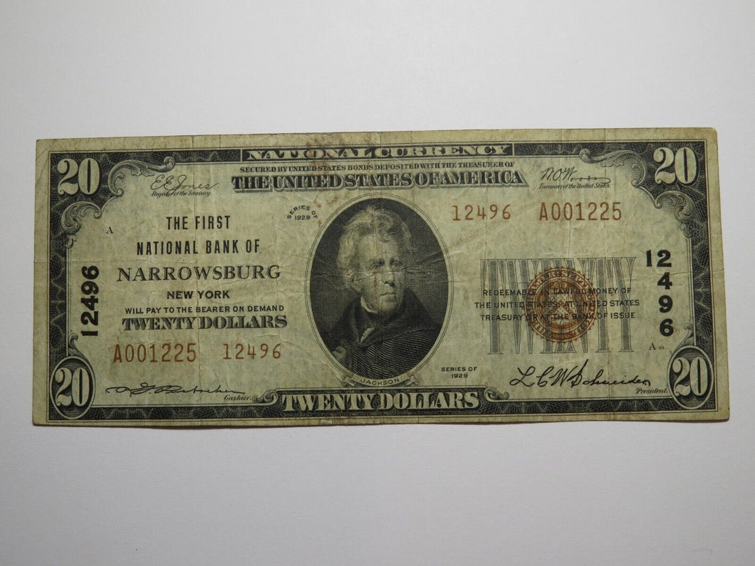 $20 1929 Narrowsburg New York National Currency Bank Note Bill Ch. #12496 FINE