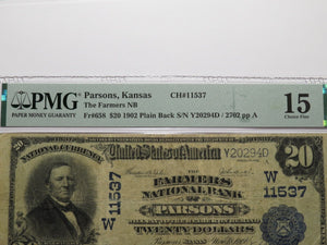 $20 1902 Parsons Kansas KS National Currency Bank Note Bill Ch. #11537 F15 PMG