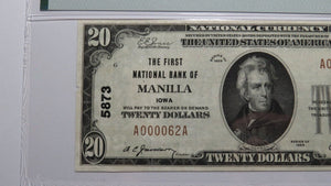 $20 1929 Manilla Iowa IA National Currency Bank Note Bill Ch. #5873 VF35 PMG