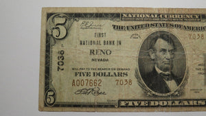 $5 1929 Reno Nevada NV National Currency Bank Note Bill Charter #7038 RARE