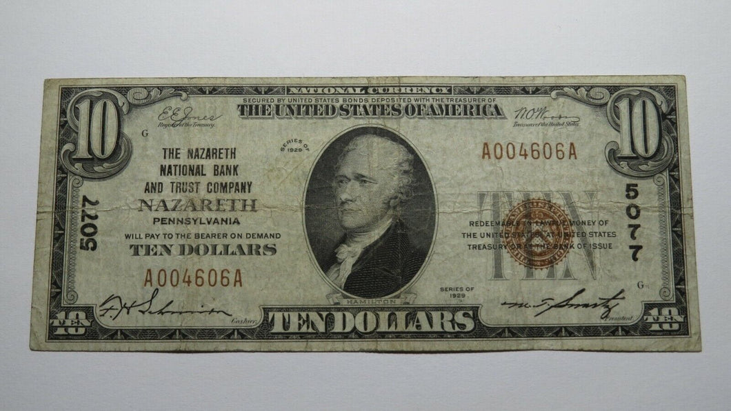 $10 1929 Nazareth Pennsylvania PA National Currency Bank Note Bill! Ch. #5077 VF