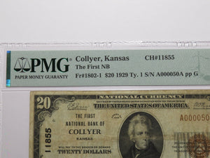 $20 1929 Collyer Kansas KS National Currency Bank Note Bill Ch. #11855 VF25 PMG