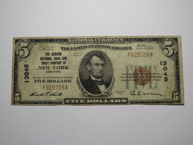 $5 1929 New York City NY National Currency Bank Note Bill Charter #13045 Seward