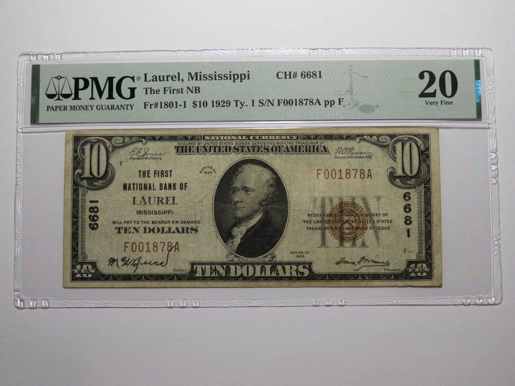 $10 1929 Laurel Mississippi National Currency Bank Note Bill Ch. #6681 VF20 PMG