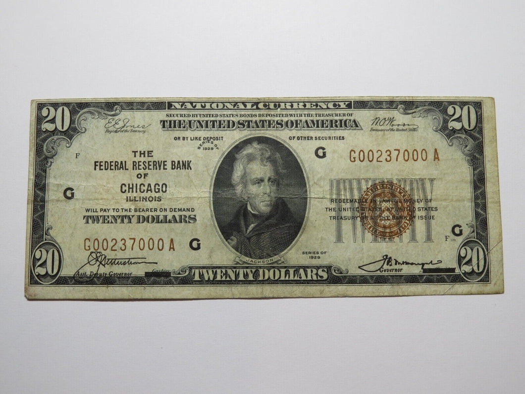 $20 1929 Chicago National Currency Fancy Serial # Federal Reserve Bank Note VF