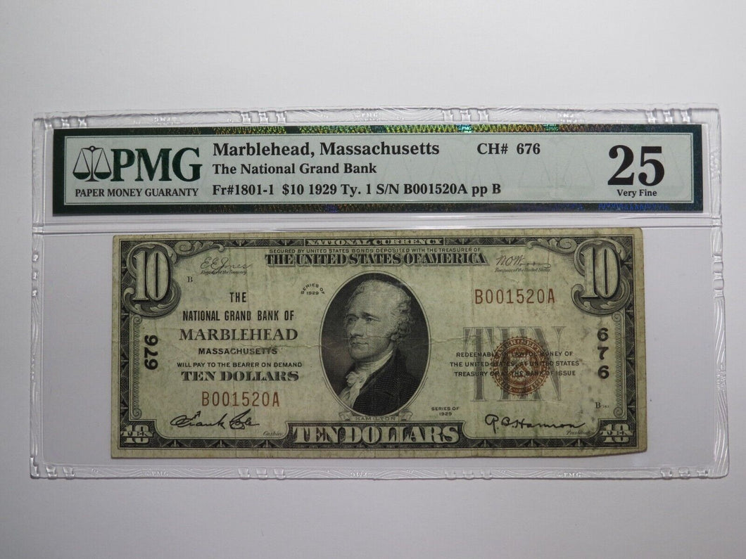 $10 1929 Marblehead Massachusetts National Currency Bank Note Bill Ch. #676 VF25