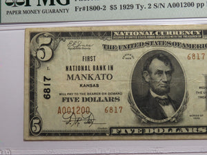 $5 1929 Mankato Kansas KS National Currency Bank Note Bill Ch. #6817 VF30 PMG