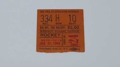 January 31, 1968 Rangers Vs. Blackhawks Hockey Ticket Stub 3rd Last Game @ MSG