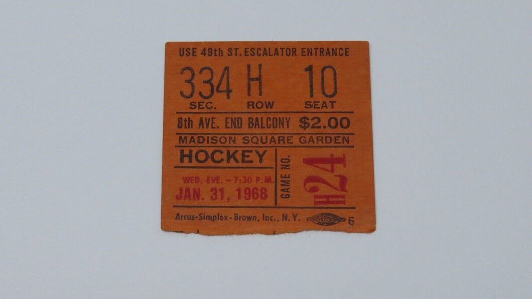 January 31, 1968 Rangers Vs. Blackhawks Hockey Ticket Stub 3rd Last Game @ MSG