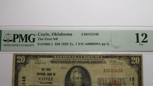 $20 1929 Coyle Oklahoma OK National Currency Bank Note Bill! Ch. #12148 F12 PMG