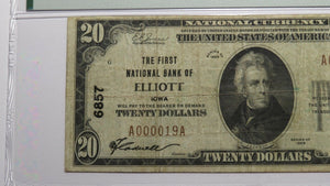 $20 1929 Elliott Iowa IA National Currency Bank Note Bill Charter #6857 VF20 PMG