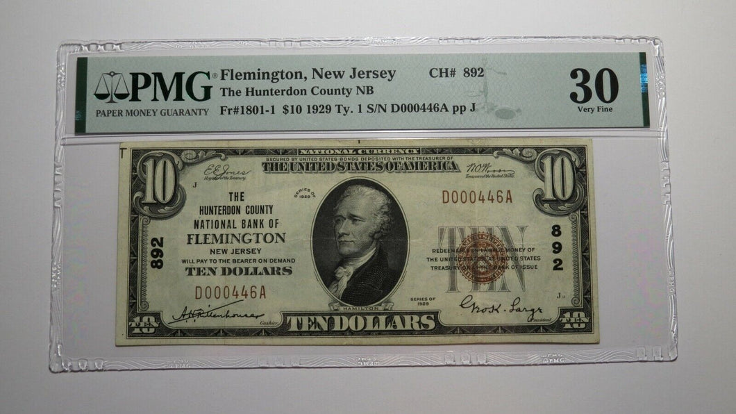 $10 1929 Flemington New Jersey NJ National Currency Bank Note Bill Ch. #892 VF30