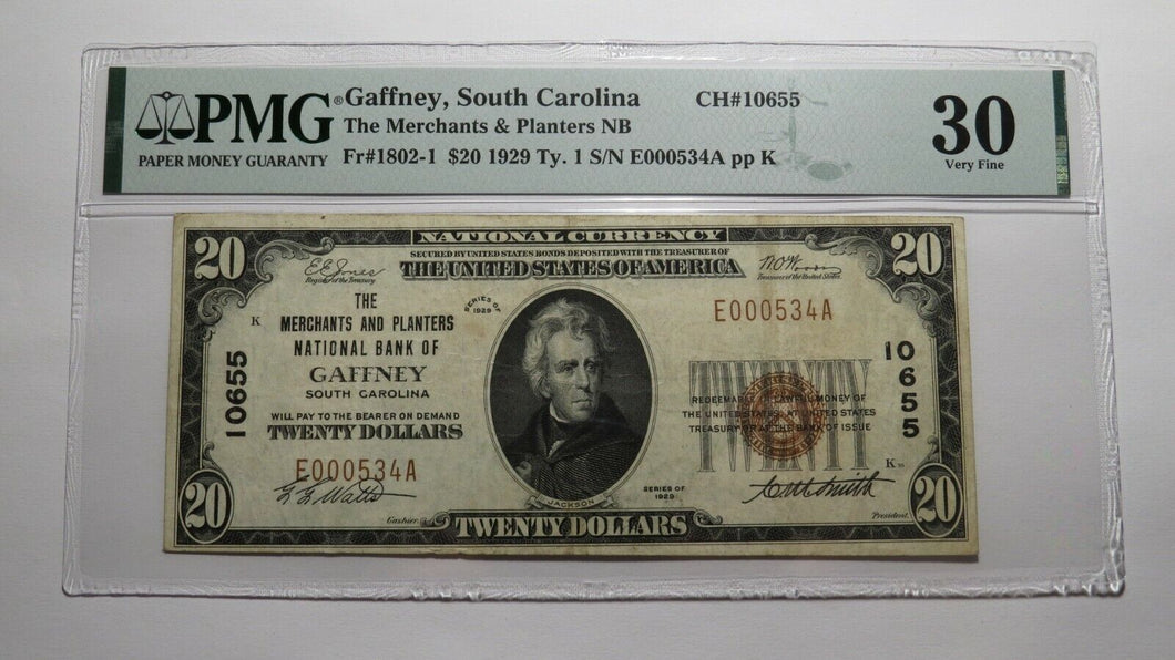 $20 1929 Gaffney South Carolina SC National Currency Bank Note Bill #10655 VF30